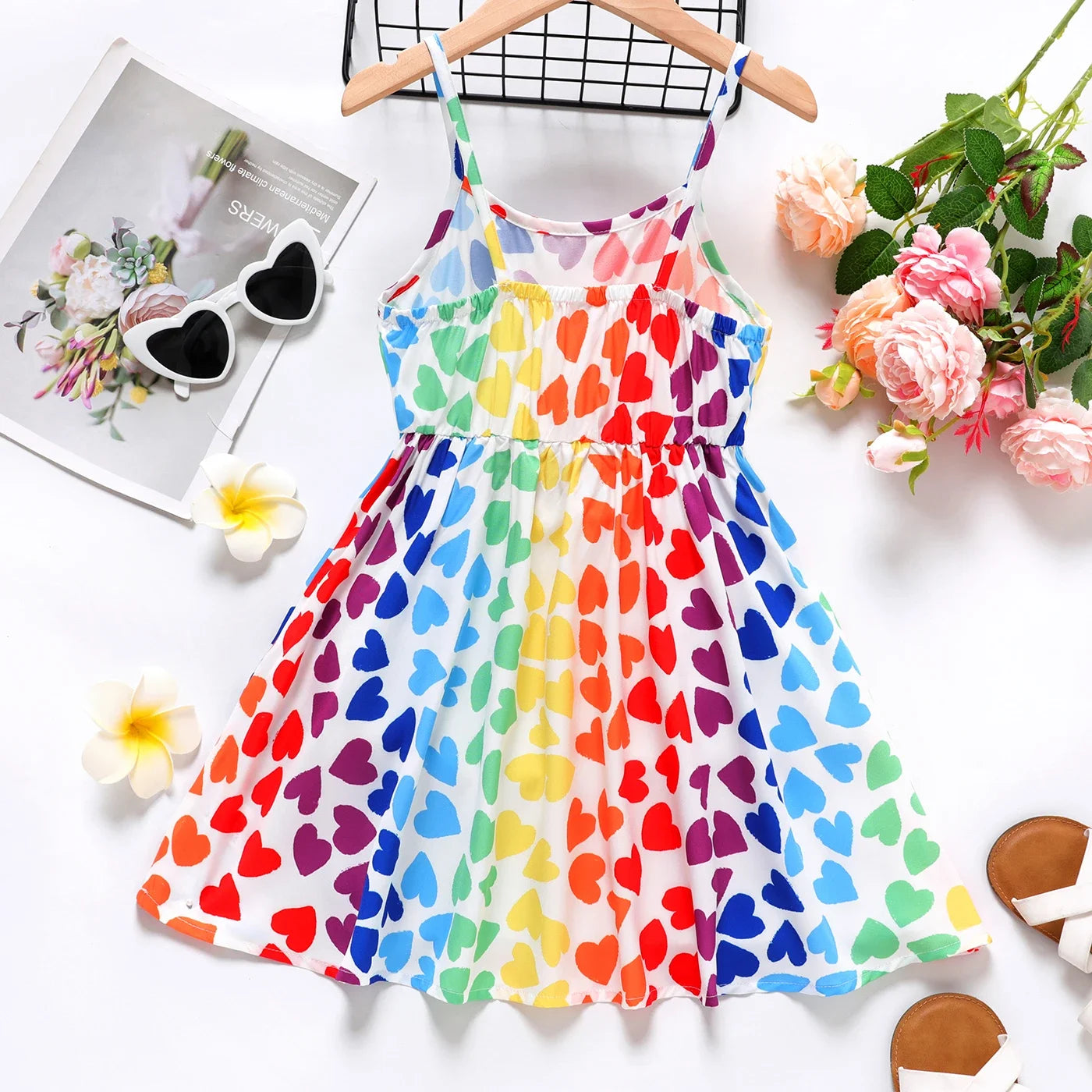 PatPat Kid Girl Colorful Heart Print Slip Dress Soft and Comfortable  Perfect for Outings and Daily Wear Basic Style