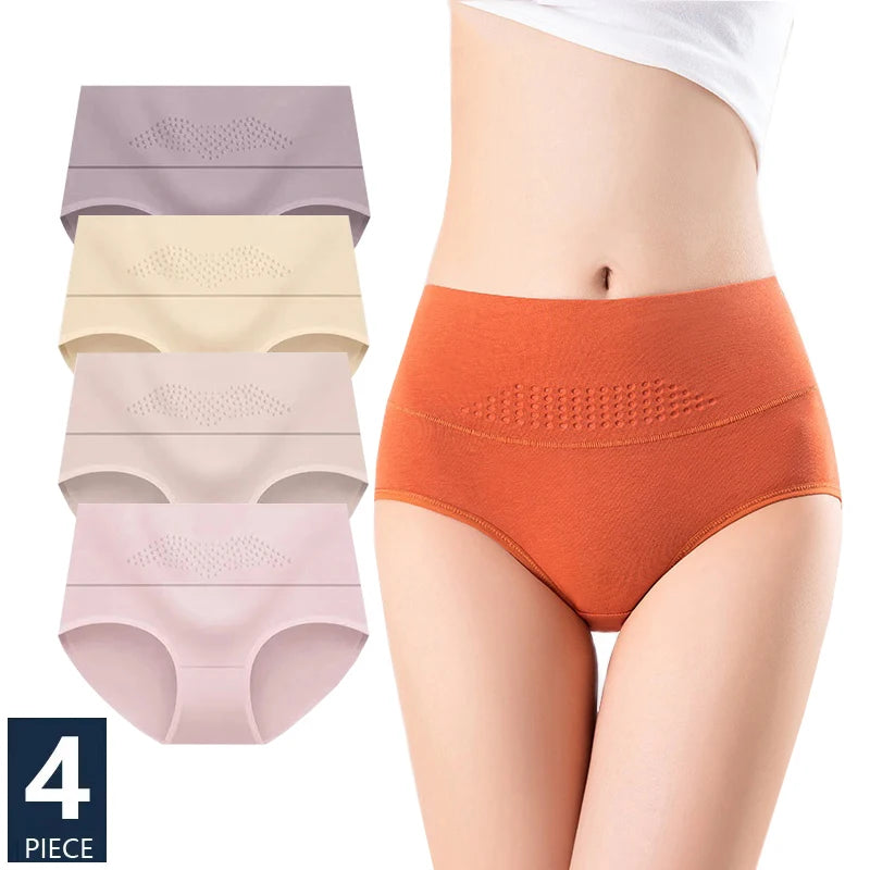 4 Pieces Women's Cotton Panties, High Waist Body Shaper Underwear, Plus Size M-5XL. Sexy Ladies' Briefs, Breathable Solid Female Lingerie