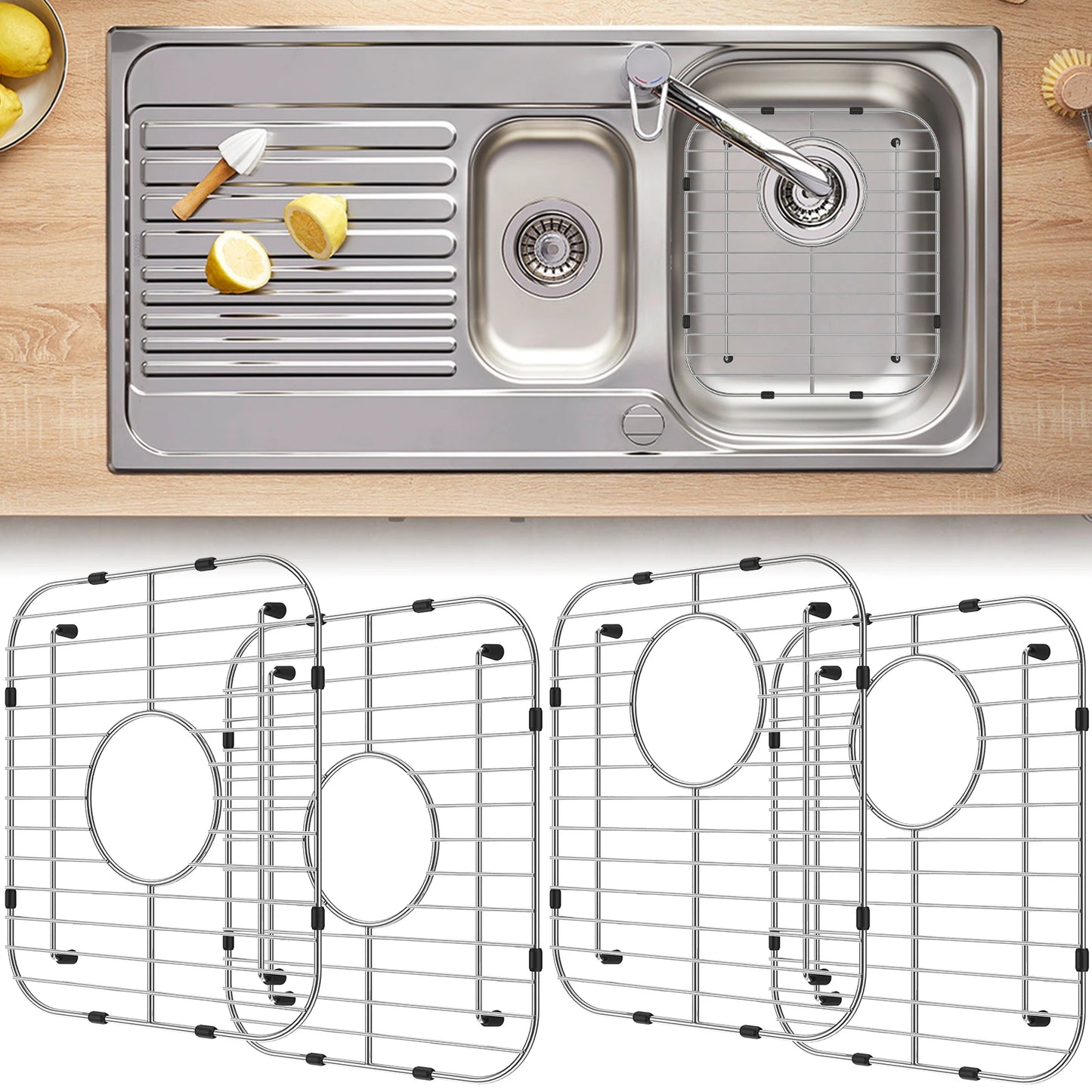 2Pcs Kitchen Sink Grid Stainless Steel Sink Protectors Double Bowl Sink Bottom Grid with R50 Corner Large Sink Protectors Grid