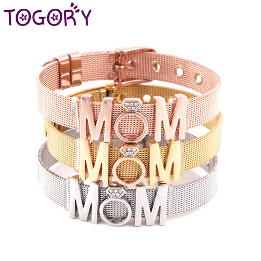 TOGORY Fashion Ladies Stainless Steel Mesh Bracelets Crystal MoM Charms Fine Bracelet Adjustable Bracelet for Mother's Day Gifts