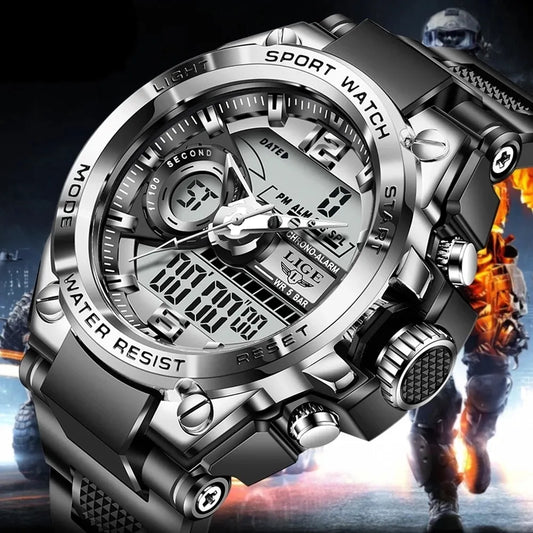 LIGE Digital Men's Military Watch: 50m Waterproof LED Quartz Sport Wristwatch