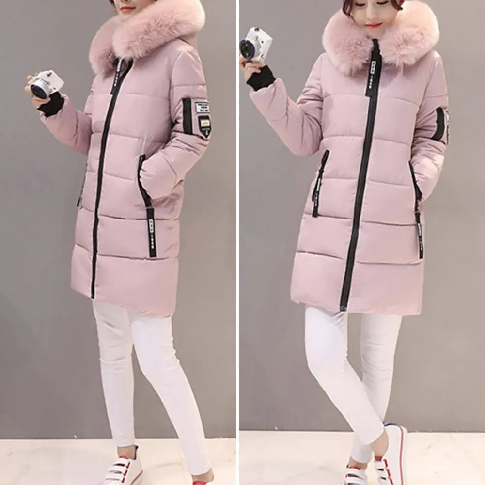 Women Winter Cotton Coat Hooded Mid Length Outerwear Windproof Warm Long Sleeve Jacket Solid Color Slim Fit Lady Down Coat