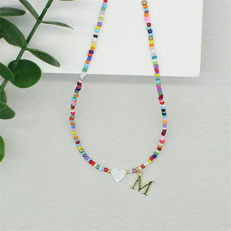 Colorful DIY Beaded Choker Necklace with Stainless Steel Letter Pendant and Shell Heart Beach Jewelry for Women