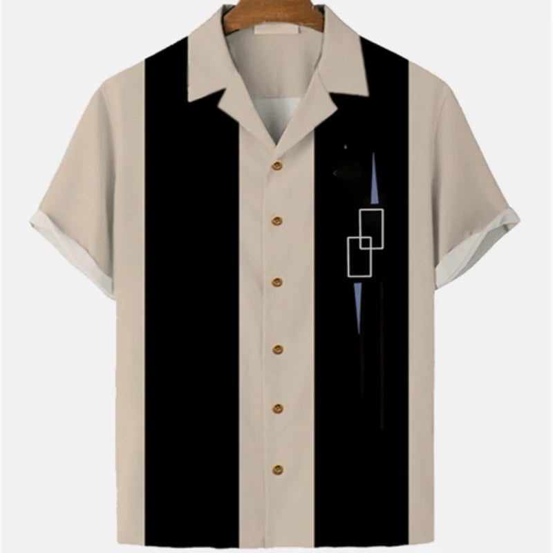 Men's Striped Elegant Blouse with Colorful Print, Ideal for Casual or Social Events. Featuring Short Sleeves and Oversized Fit, Complete with Fashionable Cufflinks