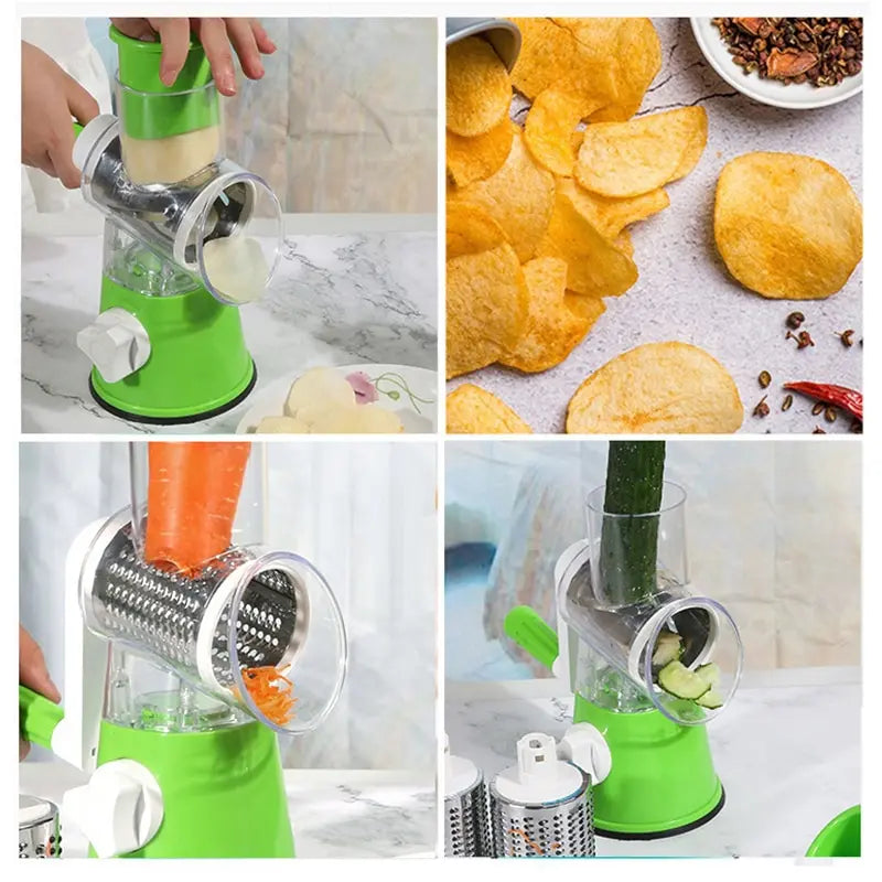 Hand-cranked roller cutter for vegetables, potatoes, and shredding in home kitchens.