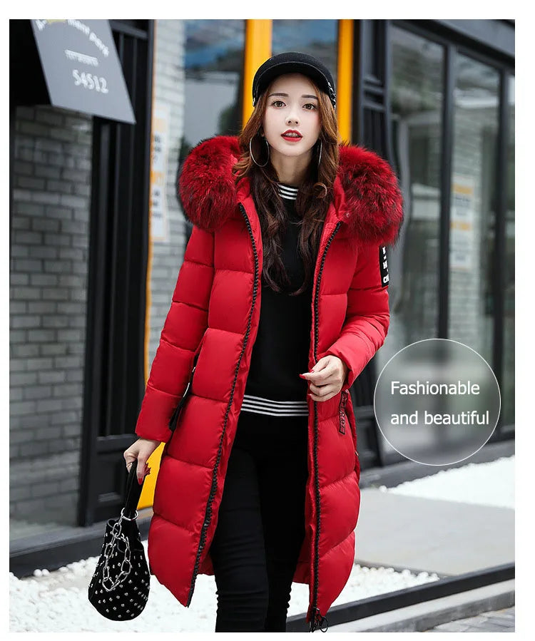 2024 Women's Down Parkas Winter Jacket Big Fur Collar Thick Slim Coat Fashion Hooded Cotton Outerwear Long Autumn Woman Jacket