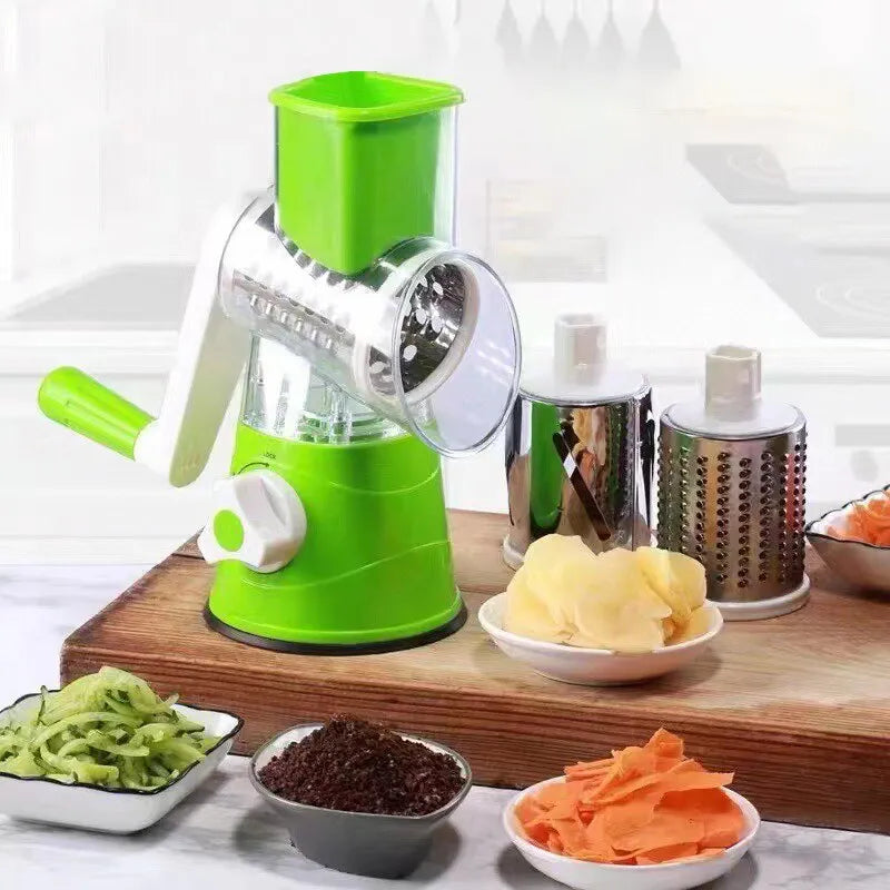 Hand-cranked roller cutter for vegetables, potatoes, and shredding in home kitchens.