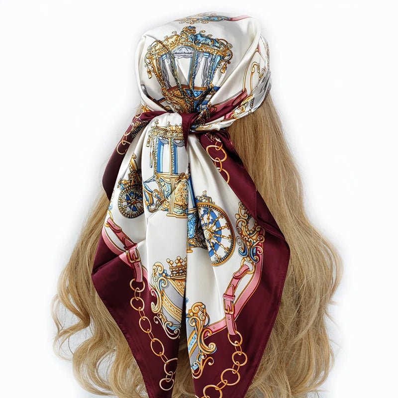 New 90x90cm silk scarf for women, versatile for all seasons. Elevate your style with this vintage-inspired headwrap, also suitable as a hair scarf, hijab, or bandana