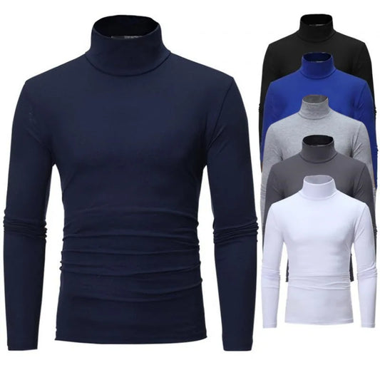 Autumn/Winter Men's High Neck Slim Fit T-Shirt: Fashionable, High Elasticity, Long Sleeve Cotton Casual Wear, Breathable Pullover