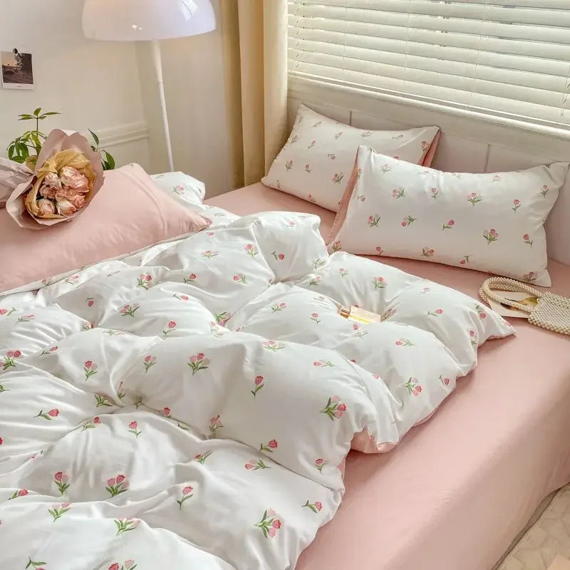 Romantic Tulip Pink Bedding Set Bed Flat Sheet Pillowcase Twin Full Queen Bed Linen Kids Girls Floral Duvet Cover No Filling