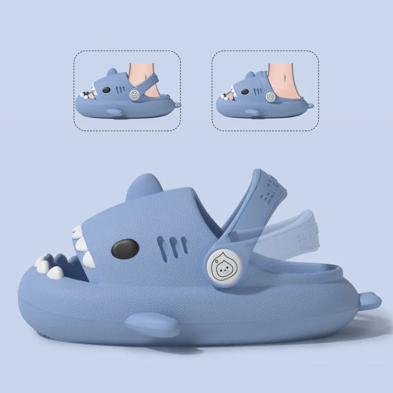 Children's sandals featuring cartoon shark design for boys and girls. Soft, thick sole for comfort and non-slip grip. Perfect for summer