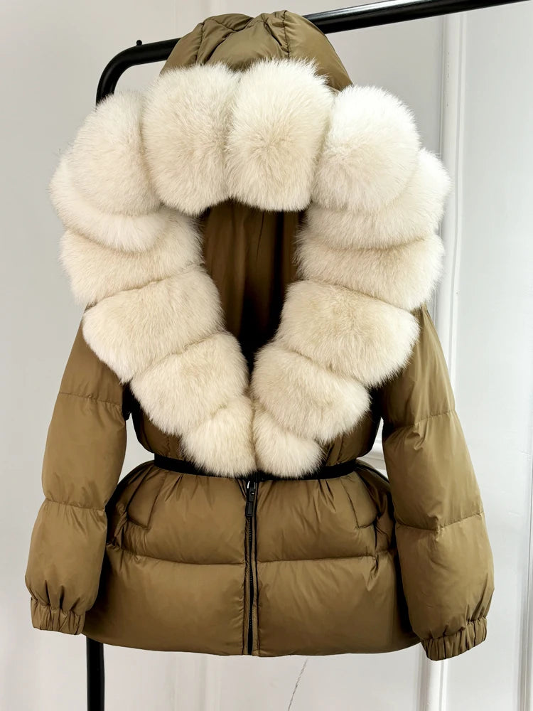 Janveny 2024 Winter Puffer Jacket Women Real Fox Fur Hooded Thick Warm 90% White Duck Down Coat Female Parkas Waterproof