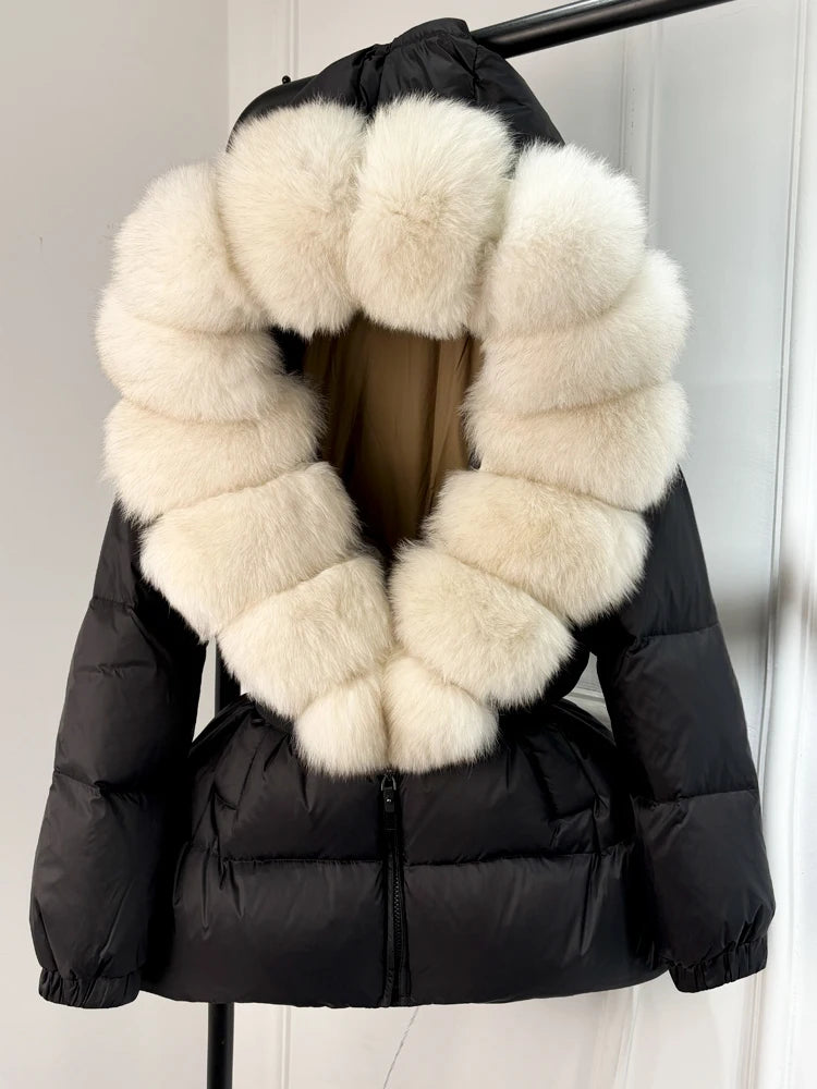 Janveny 2024 Winter Puffer Jacket Women Real Fox Fur Hooded Thick Warm 90% White Duck Down Coat Female Parkas Waterproof