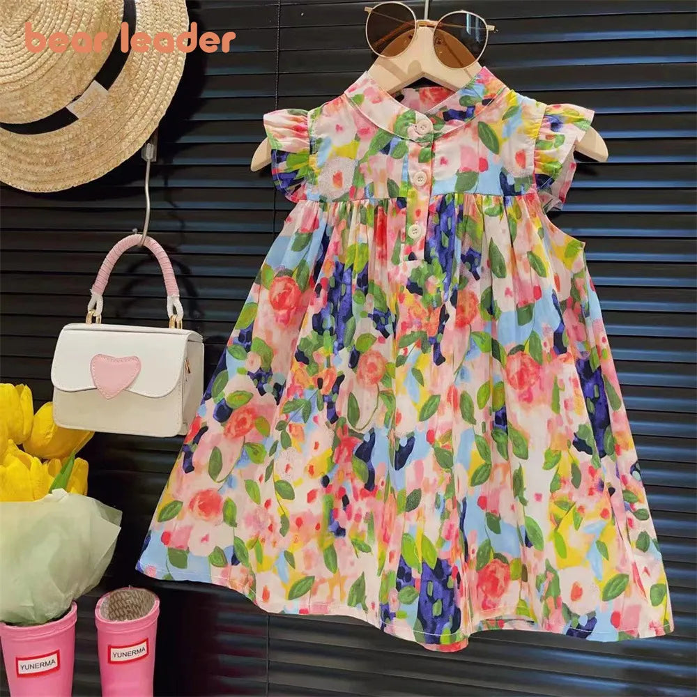 Bear Leader Girls' Dress 2023 Summer New Girls' Round Neck Flower Print Flying Sleeve Dress Fashion Children's Print Dress