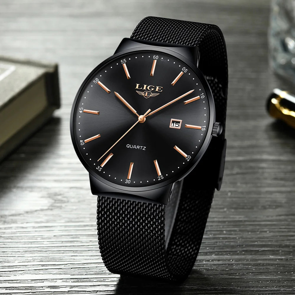 LIGE Men's Fashion Ultra Thin Waterproof Quartz Wristwatch with Date Display for Business