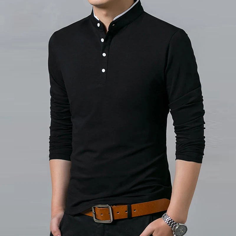 Men's Business Casual Polo Long Sleeve Shirt: Summer Comfortable and Breathable Solid Cotton Top