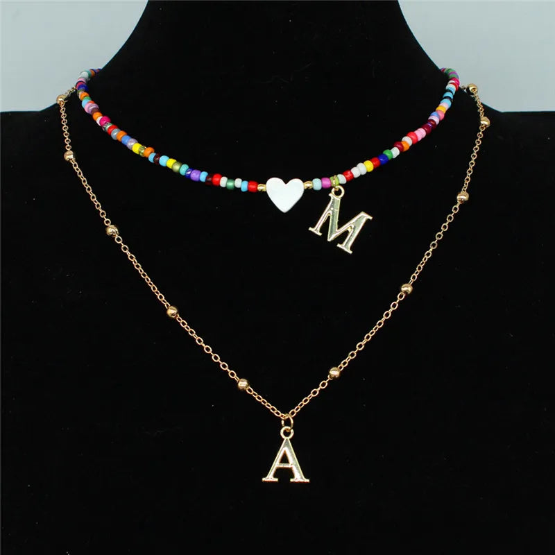 Colorful DIY Beaded Choker Necklace with Stainless Steel Letter Pendant and Shell Heart Beach Jewelry for Women