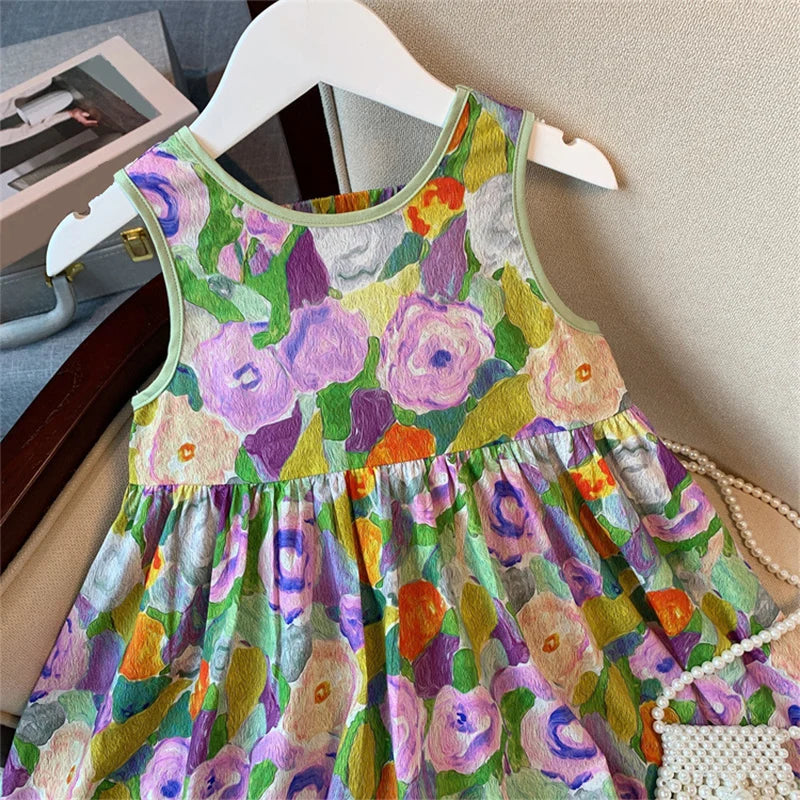 Humor Bear Kids Clothes Oil Painting Wind Dress Sweet Princess Skirt Floral Sundress Back Bow Princess Dress Girl Dress For 3-7Y