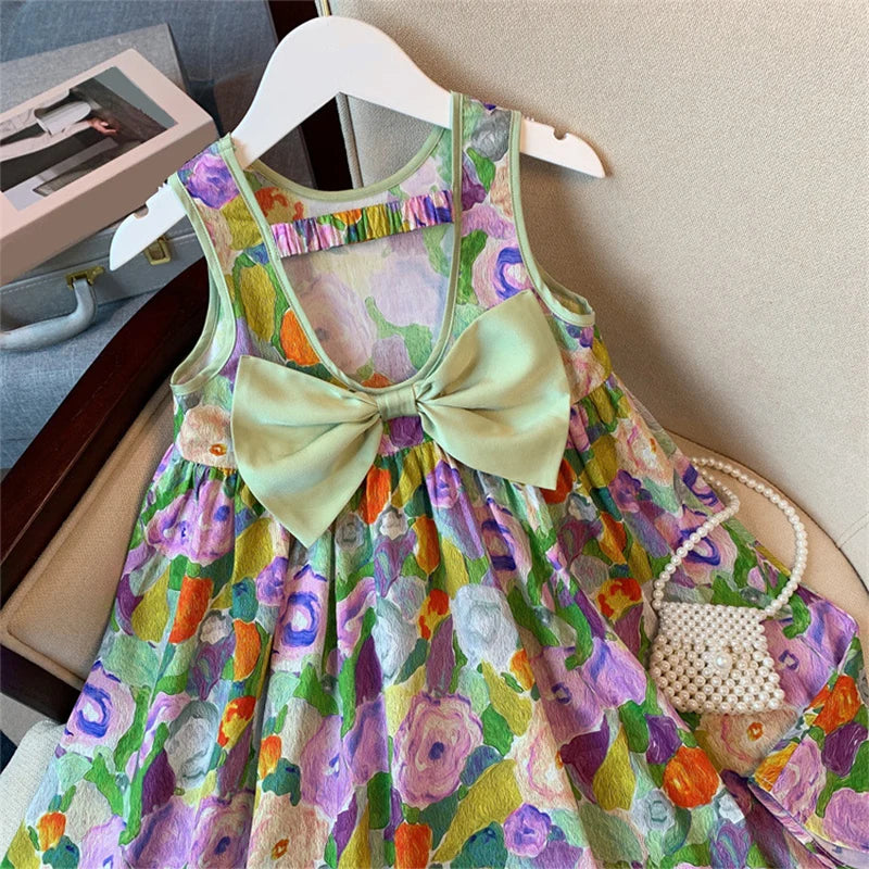 Humor Bear Kids Clothes Oil Painting Wind Dress Sweet Princess Skirt Floral Sundress Back Bow Princess Dress Girl Dress For 3-7Y