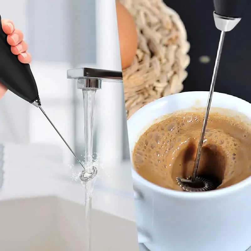 Handheld electric milk frother for whisking and mixing drinks, ideal for coffee and kitchen tasks