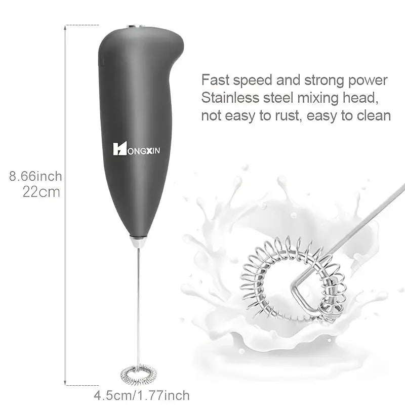 Handheld electric milk frother for whisking and mixing drinks, ideal for coffee and kitchen tasks