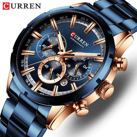 Top brand luxury sports quartz men's watch with full steel construction. Waterproof with chronograph features