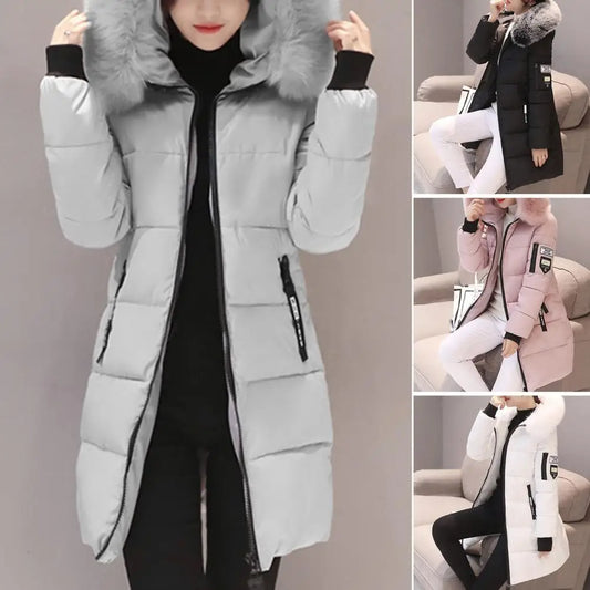 Women Winter Cotton Coat Hooded Mid Length Outerwear Windproof Warm Long Sleeve Jacket Solid Color Slim Fit Lady Down Coat