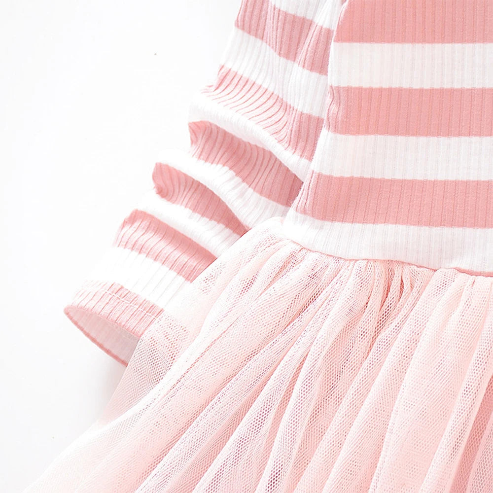 Bear Leader Girls' Dress 2023 Spring&Autumn Fall New Striped Long-sleeved Shoulder Bow Patchwork Mesh Dress Striped Bow Design