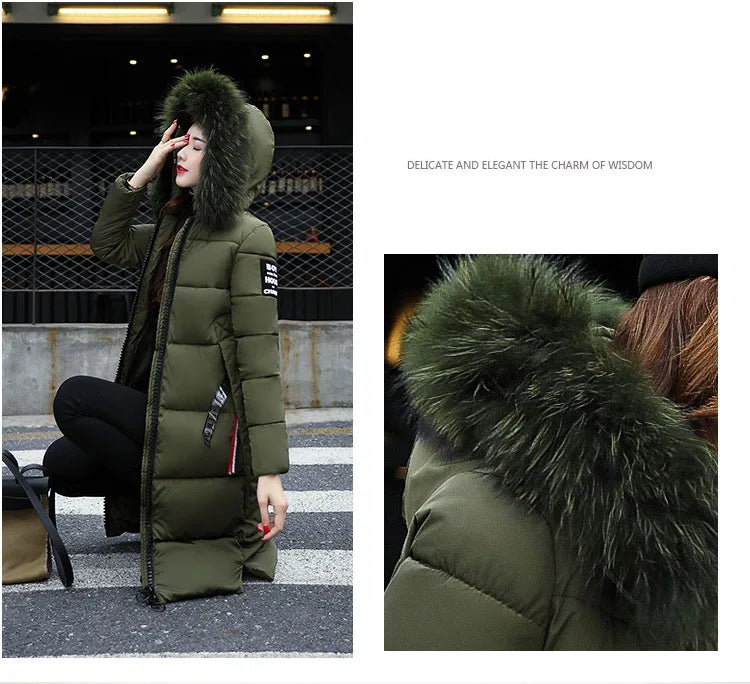 2024 Women's Down Parkas Winter Jacket Big Fur Collar Thick Slim Coat Fashion Hooded Cotton Outerwear Long Autumn Woman Jacket