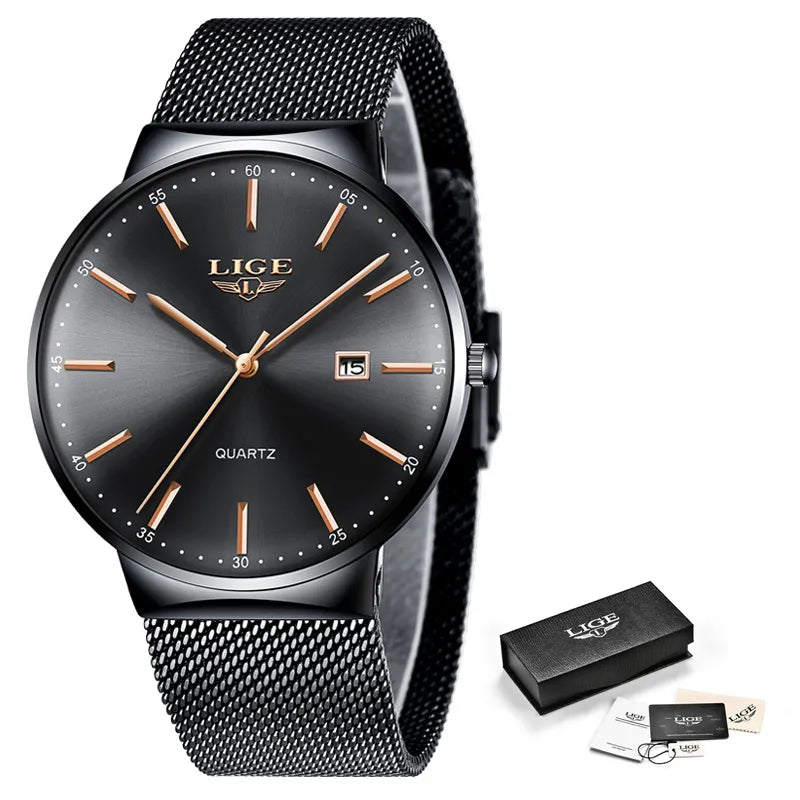 LIGE Men's Fashion Ultra Thin Waterproof Quartz Wristwatch with Date Display for Business