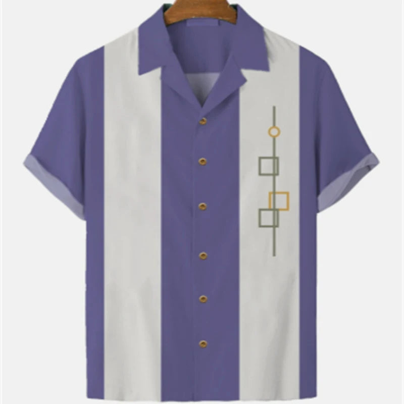 Men's Striped Elegant Blouse with Colorful Print, Ideal for Casual or Social Events. Featuring Short Sleeves and Oversized Fit, Complete with Fashionable Cufflinks