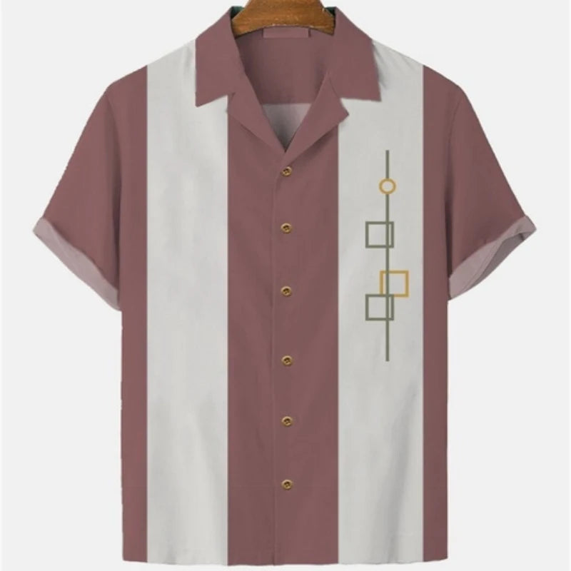 Men's Striped Elegant Blouse with Colorful Print, Ideal for Casual or Social Events. Featuring Short Sleeves and Oversized Fit, Complete with Fashionable Cufflinks