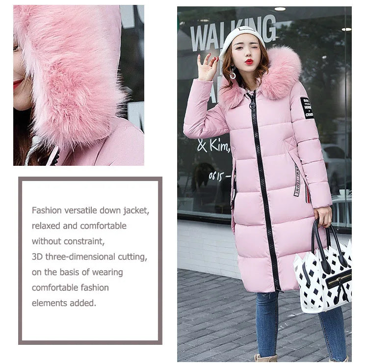 2024 Women's Down Parkas Winter Jacket Big Fur Collar Thick Slim Coat Fashion Hooded Cotton Outerwear Long Autumn Woman Jacket