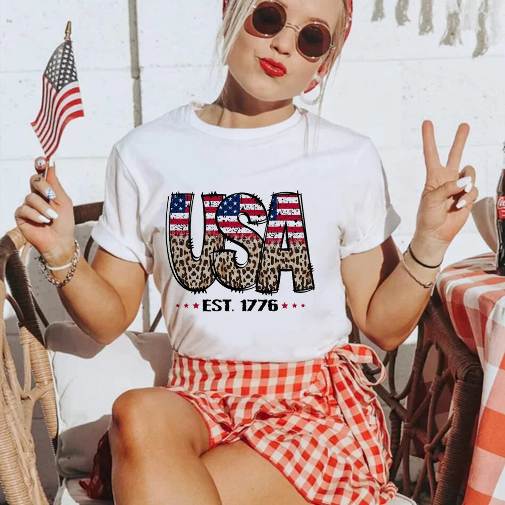 America T-Shirt Women Summer Loose Fashion Vintage 4th of July T Shirt Fourth of July Cute Graphic Tees Hippie Tshirts Retro