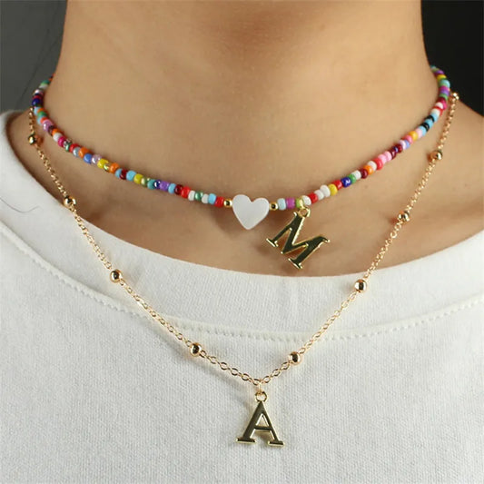 Colorful DIY Beaded Choker Necklace with Stainless Steel Letter Pendant and Shell Heart Beach Jewelry for Women