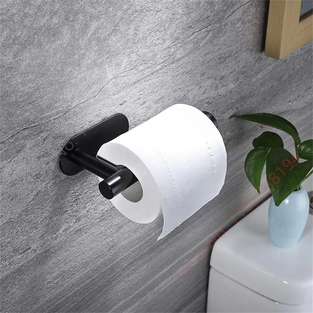 Wall Mount Toilet Paper Holder - Adhesive Black/Silver Roll Paper Stand for Kitchen and Bathroom