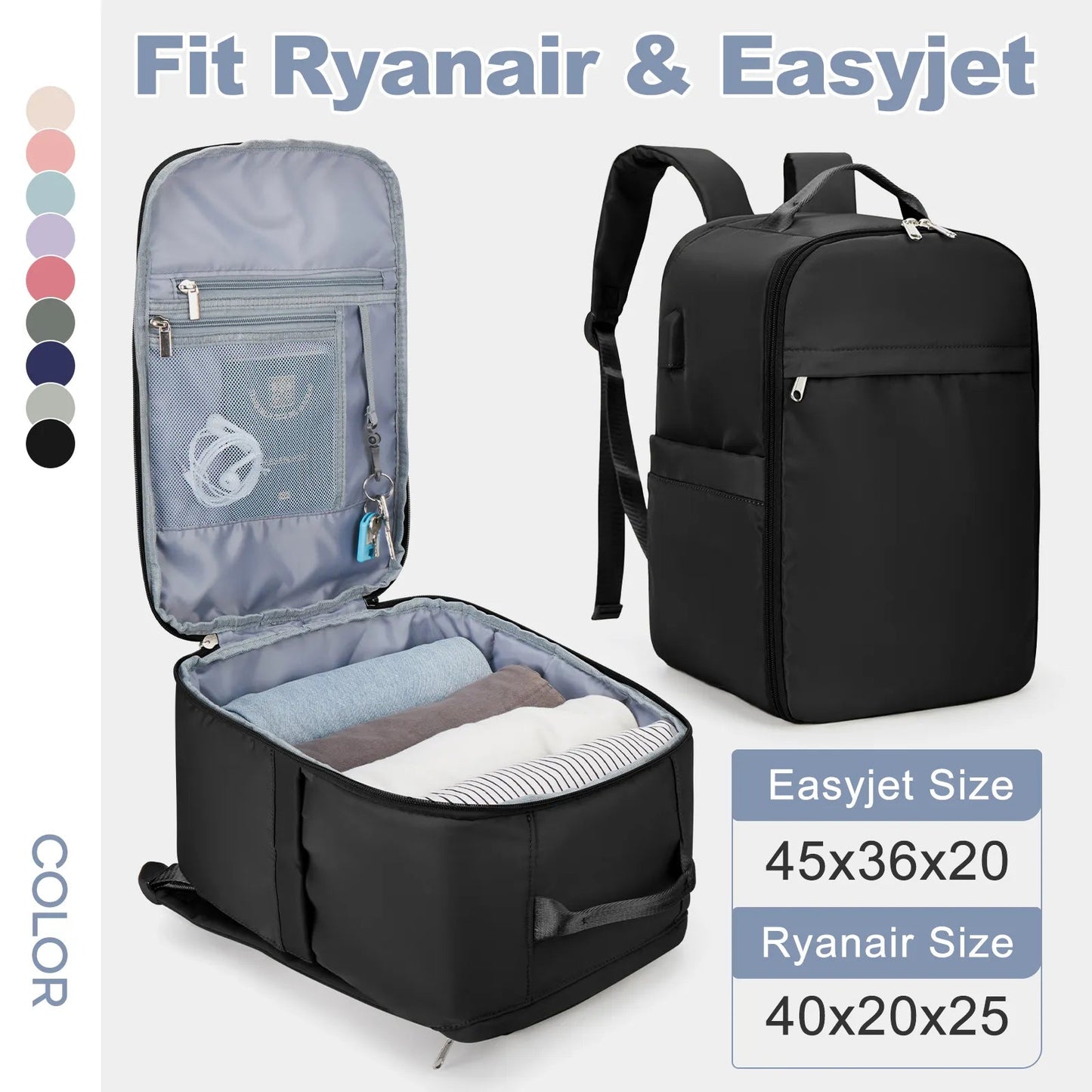 Ryanair 40x20x25 Cabin Backpack, Easyjet 45x36x20 Hand Luggage Travel Backpack, Suitable for Women/Men, Includes Laptop Compartment