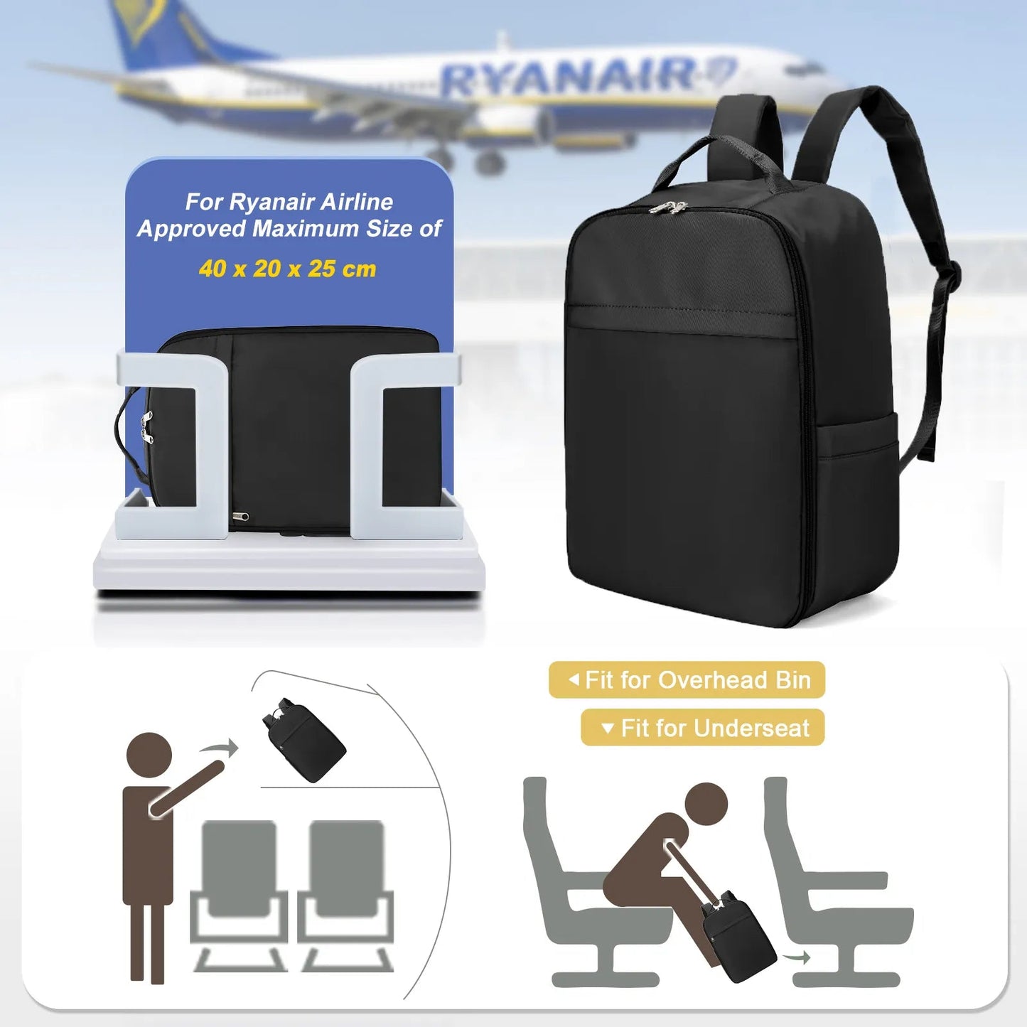 Ryanair 40x20x25 Cabin Backpack, Easyjet 45x36x20 Hand Luggage Travel Backpack, Suitable for Women/Men, Includes Laptop Compartment