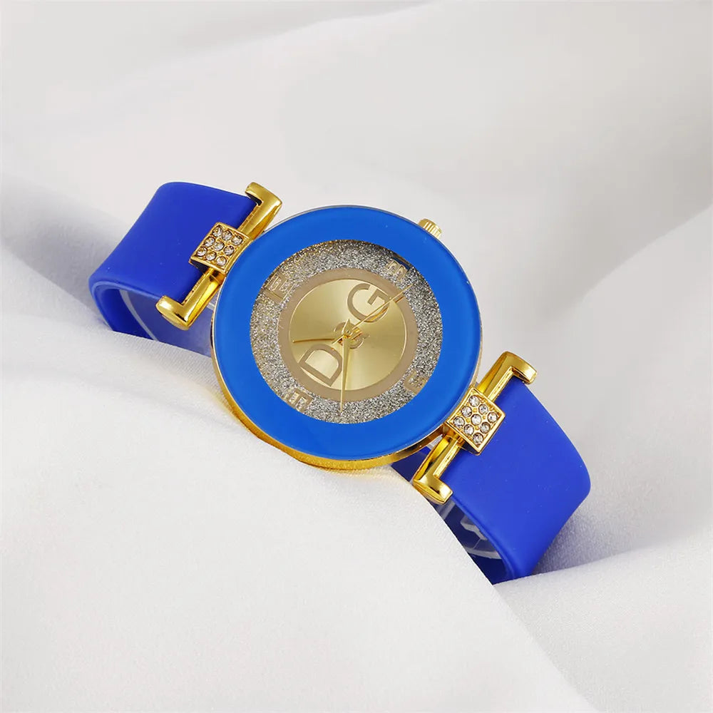 Women's Quartz Watch with Silicone Strap, Rhinestone Design, Casual, Fashionable, Luxury Brand, Black - DQG