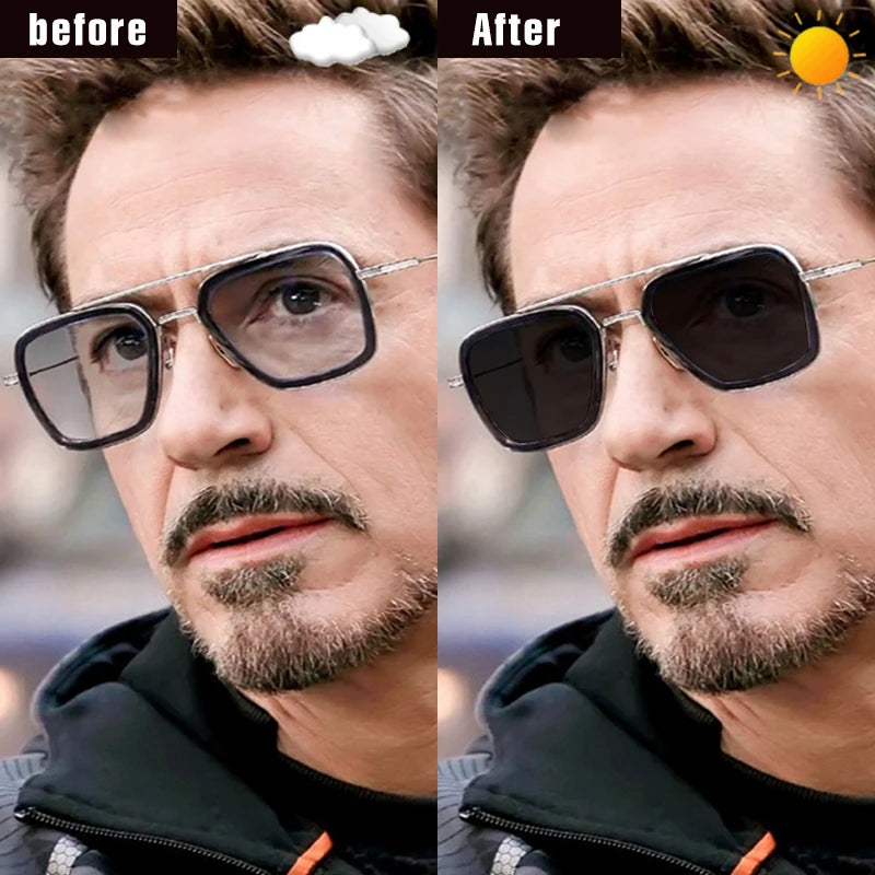 Tony Stark Square Photochromic Polarized Sunglasses - Top Quality Men's Steampunk Eyewear for Driving