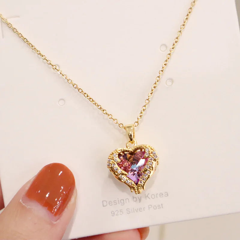 DIEYURO 316L Stainless Steel Beautiful Love Heart Amethyst Gold Pendant Shiny Temperament Gift Women Jewelry Wear Everyday 2021