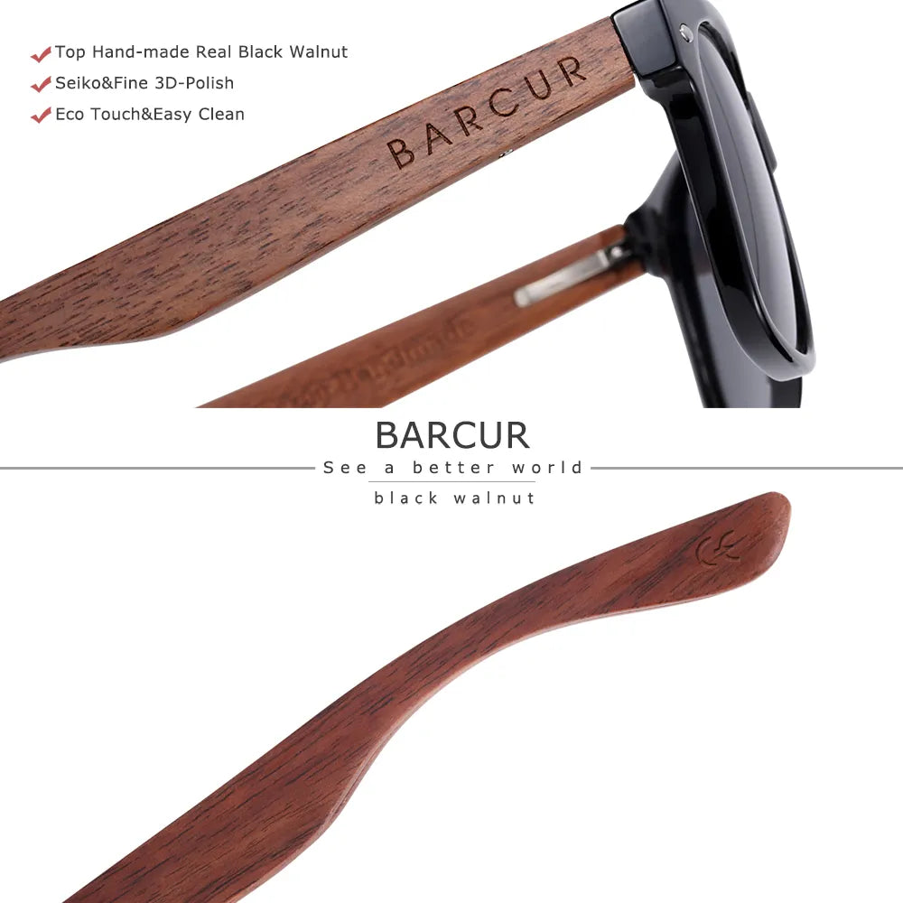 BARCUR Black Walnut Wood Sunglasses for Men - Polarized High-Quality Square Sun Glasses with UV400 Protection - Stylish Eyewear Accessory with Original Box