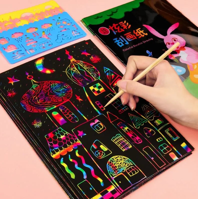 Magic Rainbow Scratch Art Set - Includes Color Scratch Paper, Graffiti Stencils, Drawing Board, Stick for Art Painting, Educational Toy and Gift