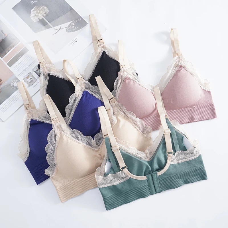 Wireless Front Open Nursing Bra Soft Lace Breathable Seamless Maternity Breastfeeding Bras Maternal Support For Pregnant Women