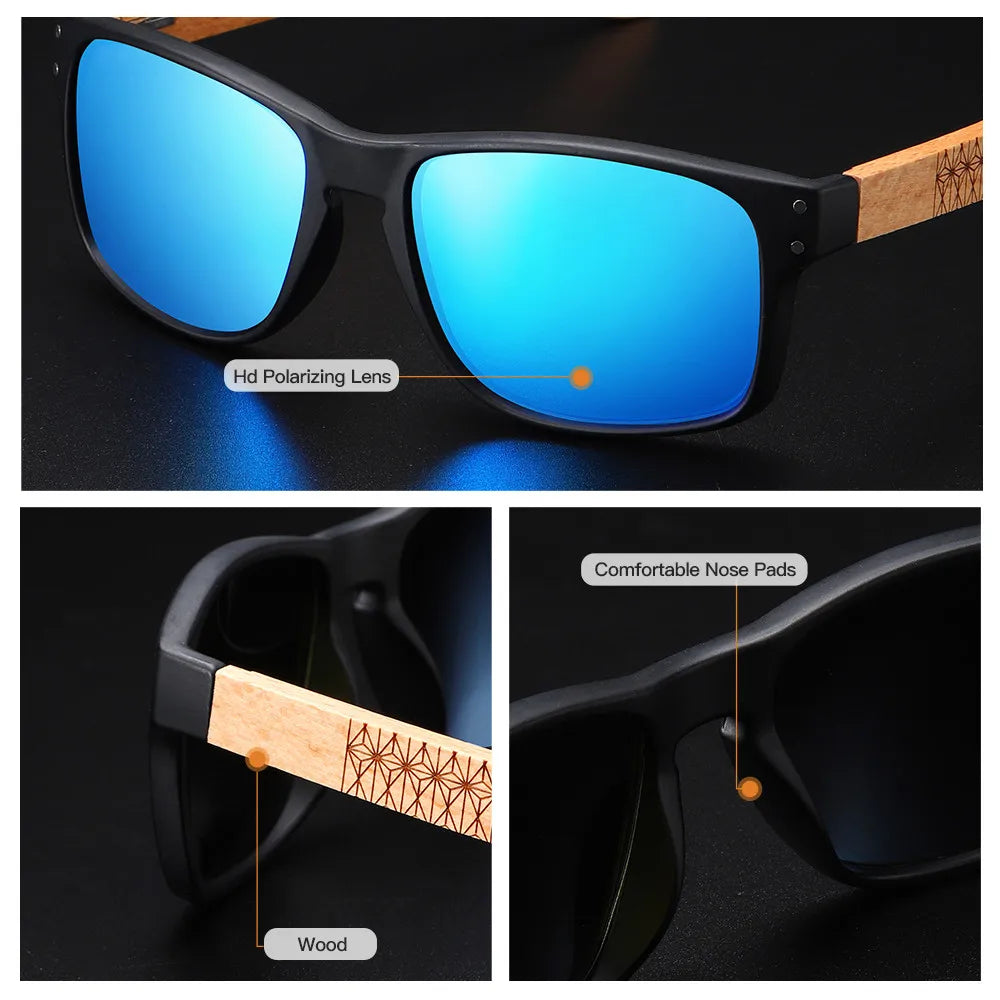 EZREAL Handmade Polarized Wood Sunglasses for Men - Outdoor Driving Sun Glasses with Reinforced Hinge