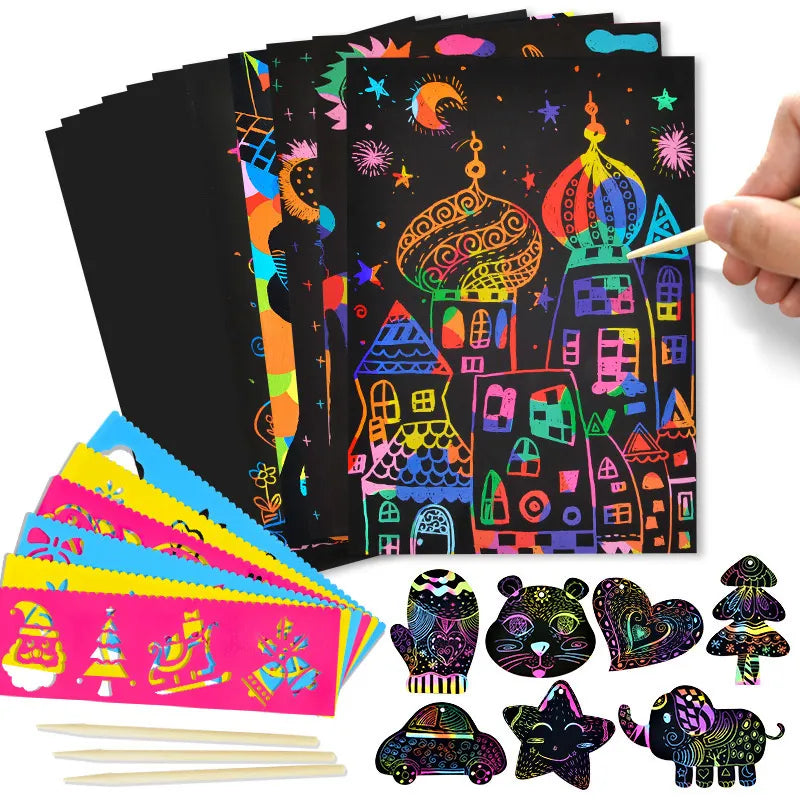 Magic Rainbow Scratch Art Set - Includes Color Scratch Paper, Graffiti Stencils, Drawing Board, Stick for Art Painting, Educational Toy and Gift