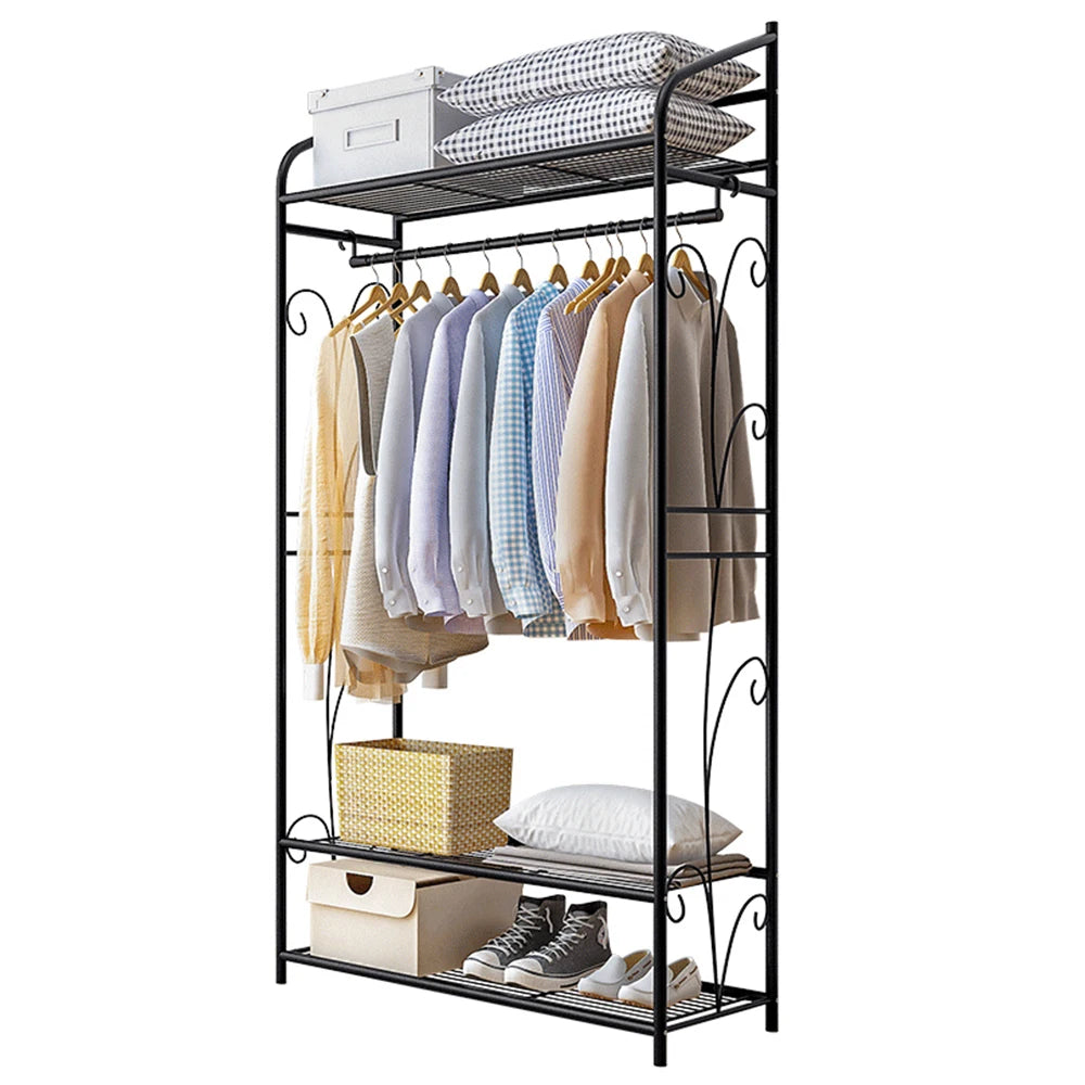 Heavy Duty Clothes Rail Clothes Rack Black Metal Garment Rack Stand for Bedroom with Storage Shelves 2 Shelf Shoe Rack