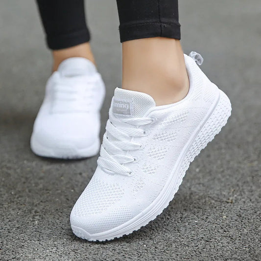 Women's Casual Breathable Mesh Sneakers, 2021 Fashion Gym Vulcanized Shoes, White Flat Walking Shoes for Women