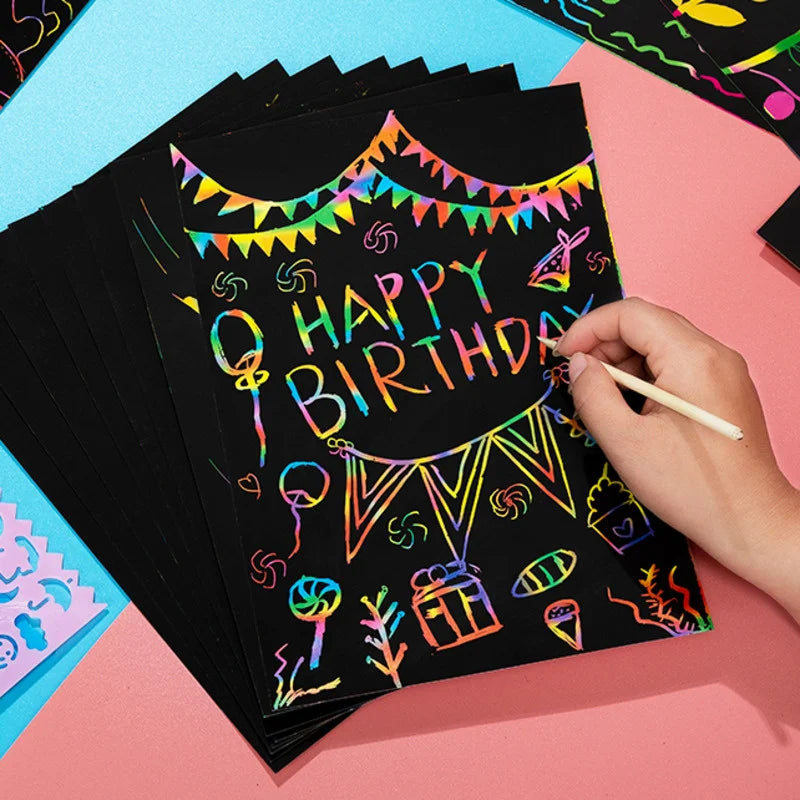 Magic Rainbow Scratch Art Set - Includes Color Scratch Paper, Graffiti Stencils, Drawing Board, Stick for Art Painting, Educational Toy and Gift