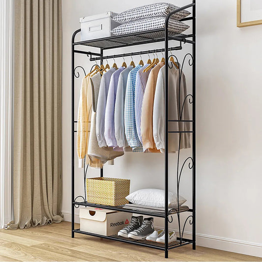 Heavy Duty Clothes Rail Clothes Rack Black Metal Garment Rack Stand for Bedroom with Storage Shelves 2 Shelf Shoe Rack